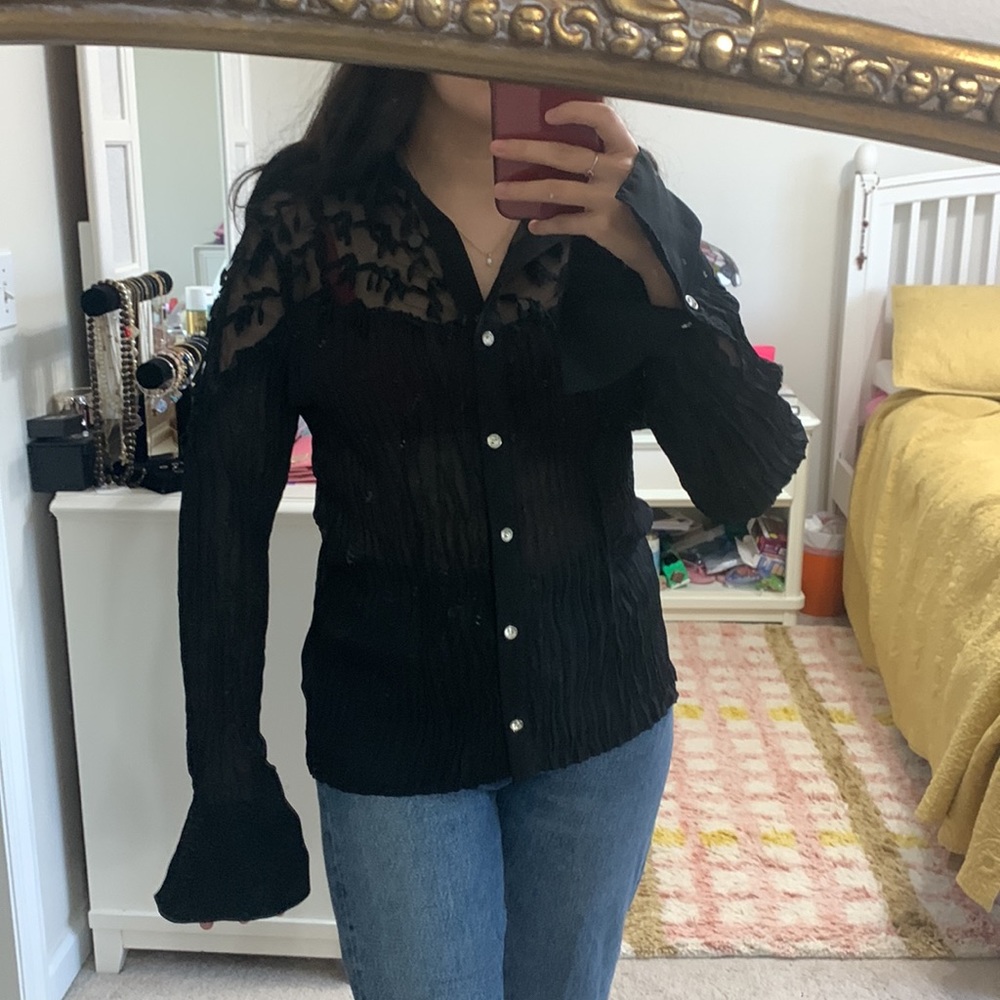 Y2K Crinkle Blouse XL Vintage Black Long Sleeve Button Down Shirt Sheer Sequin